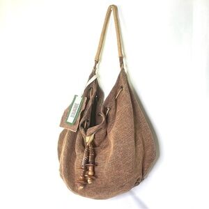 Ecologique Brown Boho Hobo Jute Wooden Charms Drawstring Handbag